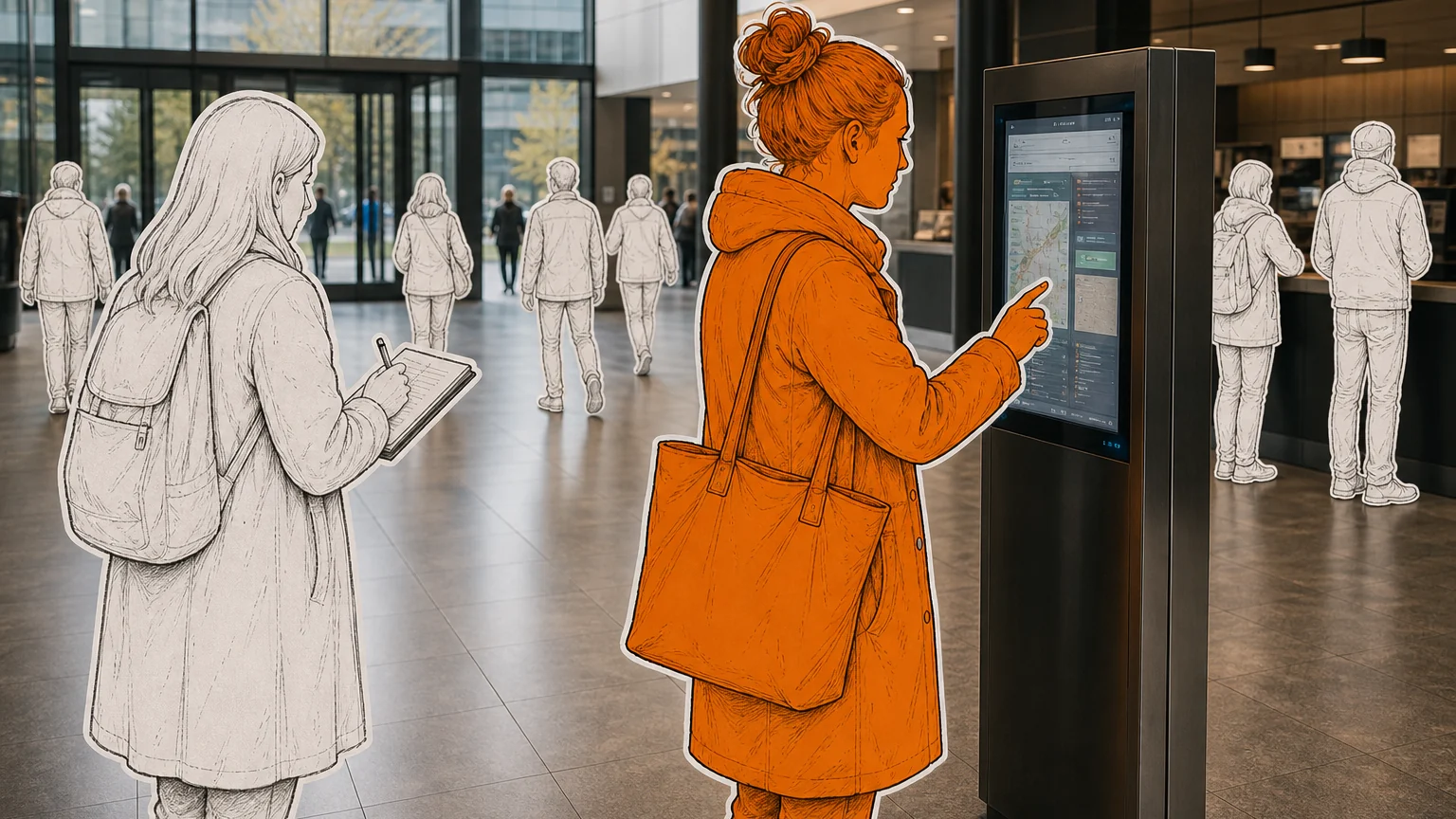 A participant uses a self-service screen while a researcher observes nearby.