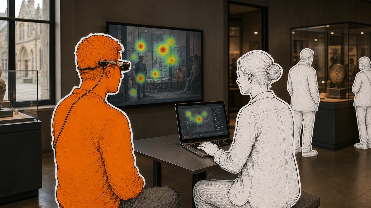 A participant wears eye-tracking glasses while a researcher reviews gaze data.