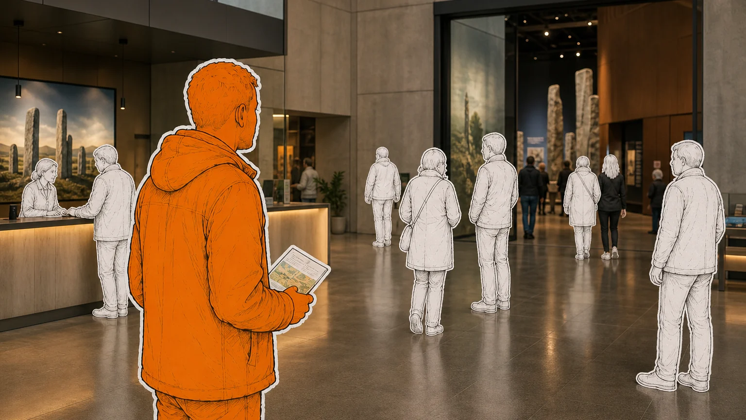 A visitor pauses to orient themselves on arrival at a cultural venue.