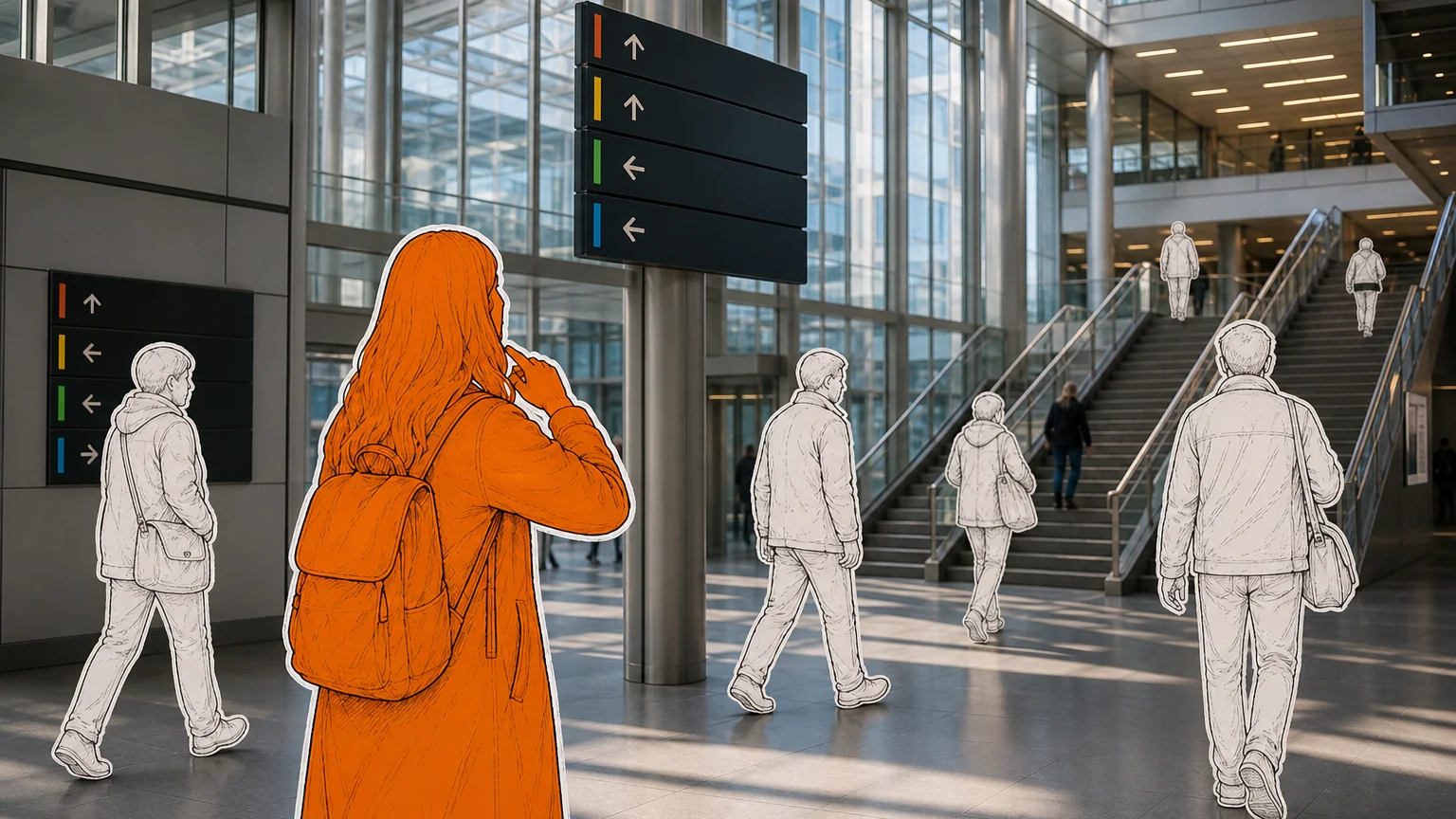 A visitor chooses between signed routes in a large public building.