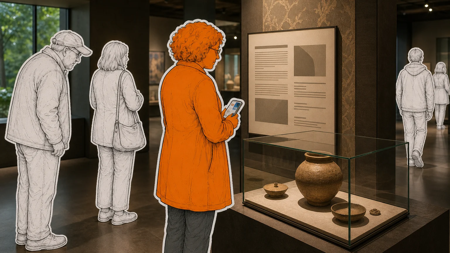 Visitors read, glance at and move past an exhibition display.