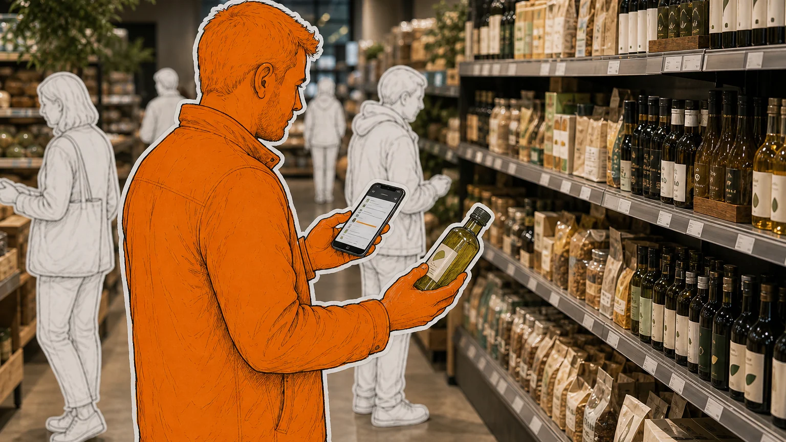 A shopper compares product packaging with supporting information on a phone.