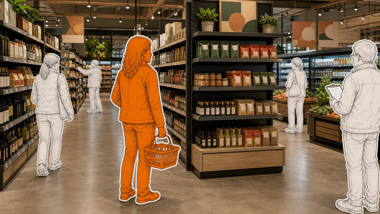 A shopper pauses at an aisle junction and scans the surrounding shelves and displays.