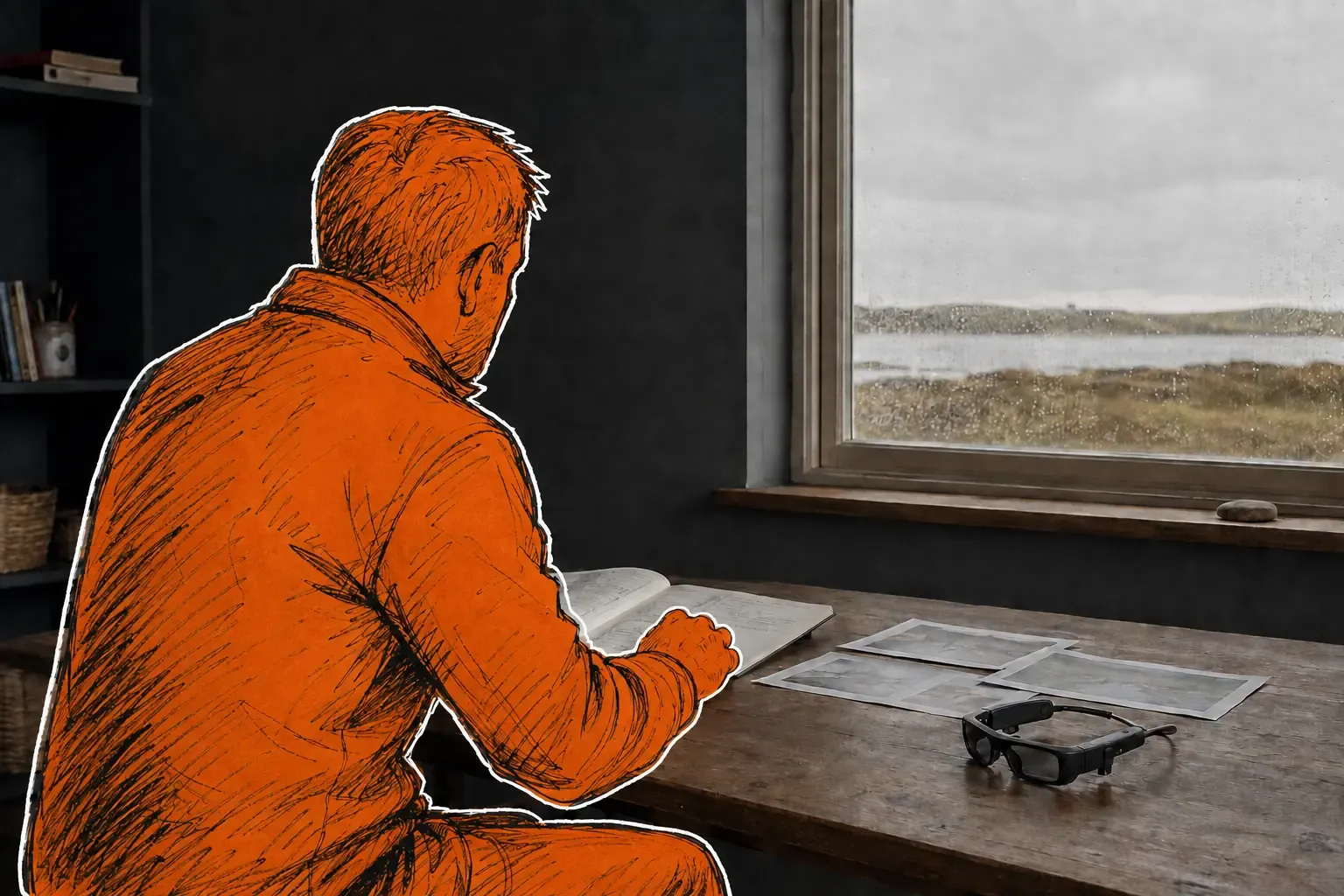 An illustrated person reviewing research at a desk overlooking a wet Lewis landscape.