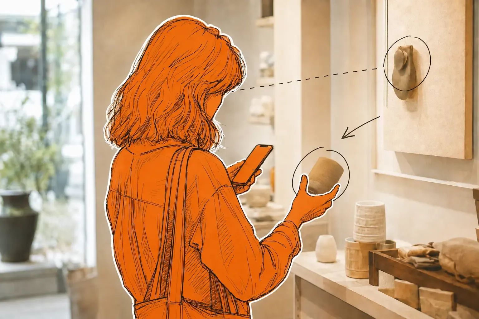 An illustrated shopper compares a product while checking information on her phone.