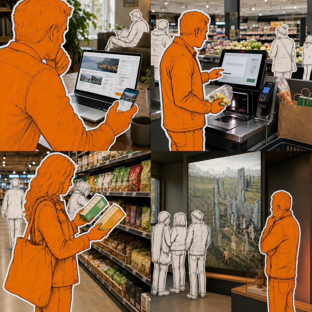 Four customer decision moments: using a website, operating a self-checkout, comparing retail products and exploring an exhibition.