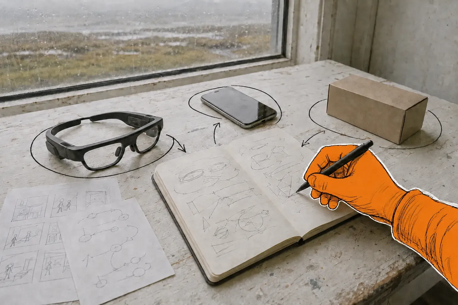 Eye-tracking glasses, a phone and field notes beside an illustrated hand writing in a notebook.